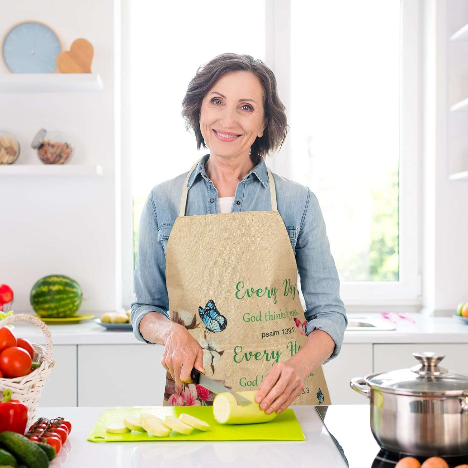 Christian Bible Verse Apron Religious Gift for Women Waterproof Inspirational Cooking Apron with Pocket Tie Neckstrap