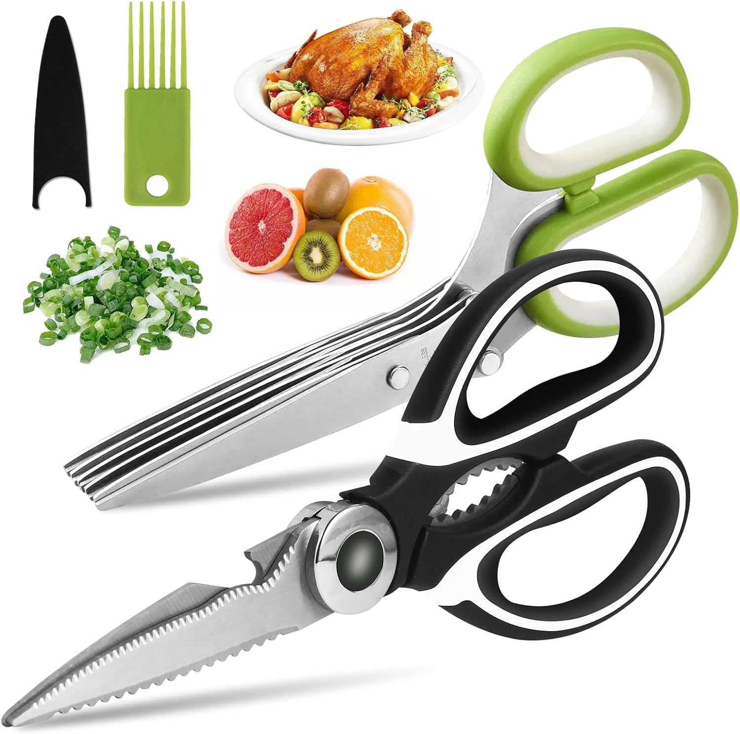 Kitchen Scissors Set, Heavy Duty Kitchen Scissors Stainless Steel, Sharp Kitchen Shears & Herb Scissors with Cover for Food Meat Cutting - 2 Pack