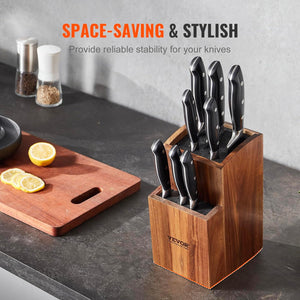 Universal Knife Holder, Acacia Wood Knife Block without Knives, Two-Tier Knife Storage Stand with PP Brush, Extra Large Multifunctional Wooden Knife Organizer, Knife Rack for Kitchen Counter