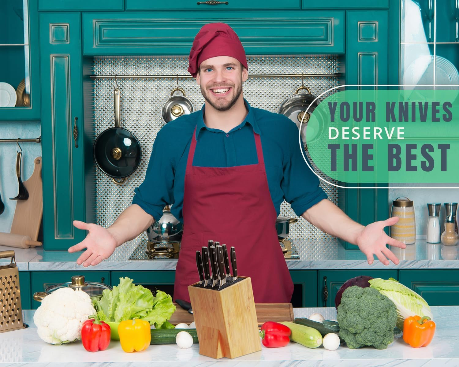 XL Large Universal Knife Block without Knives - Bamboo Countertop Knife Holder W/Removable Bristles - Convenient & Versatile for Any Knife Size