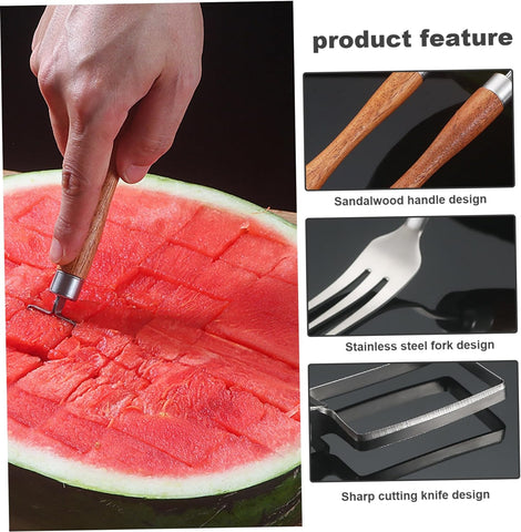 Image of Fruit Knives2-In-1 Watermelon Fork Slicer Food Grade Stainless Steel Watermelon Slicer Cutter with Wood Handle Portable