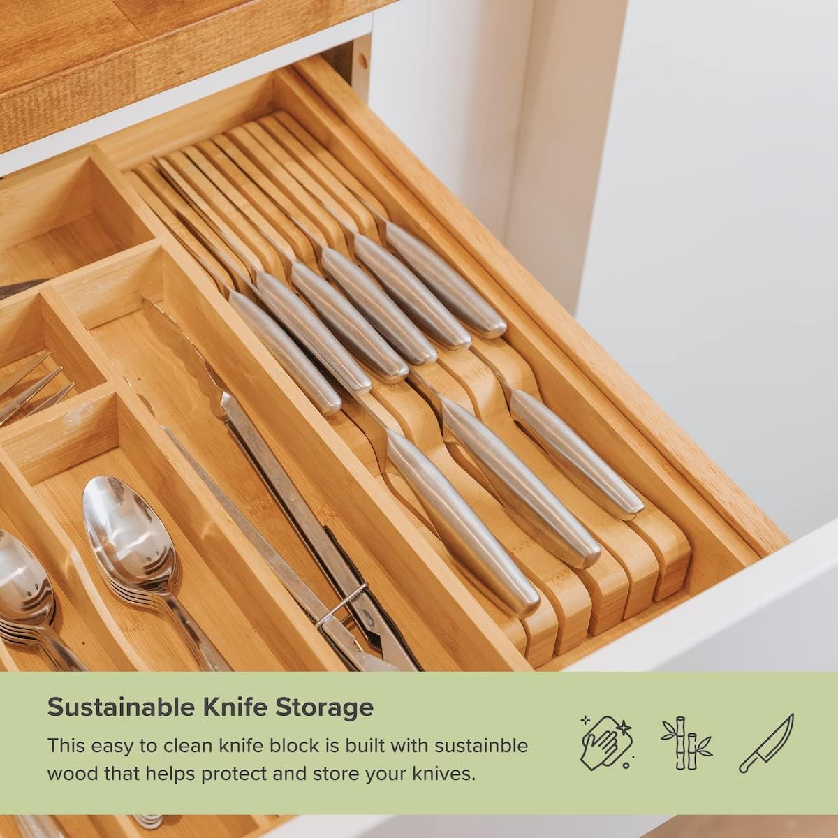 Bamboo Kitchen Knife Block Holder Organizer - Holds 5 Long + 6 Short Knives (Not Included), Fits Most Knife Sizes, Rubber Feet, Sustainable Bamboo, In-Drawer Design