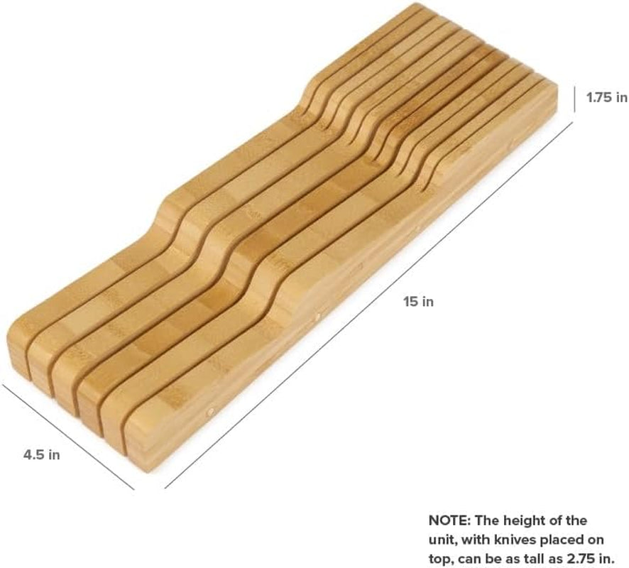 Bamboo Kitchen Knife Block Holder Organizer - Holds 5 Long + 6 Short Knives (Not Included), Fits Most Knife Sizes, Rubber Feet, Sustainable Bamboo, In-Drawer Design