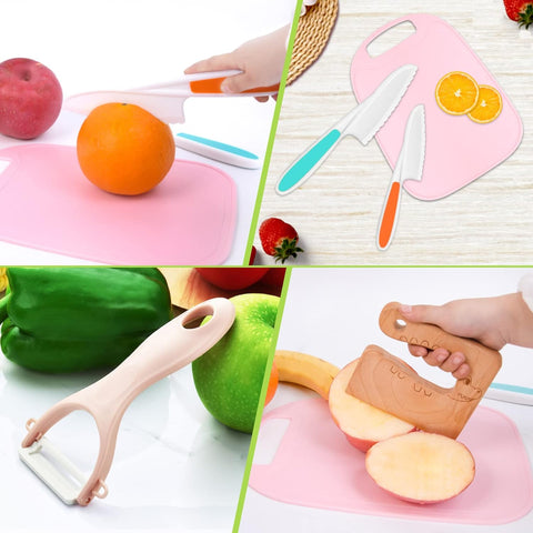 Image of 6Pcs Kids Kitchen Knife Set, Wooden Kids Knives, Plastic Kids Kitchen Knives with Crinkle Cutte, Peeler and Cutting Board, Nylon Toddler Cooking Knives for Salad, Fruits,Cake, Bread