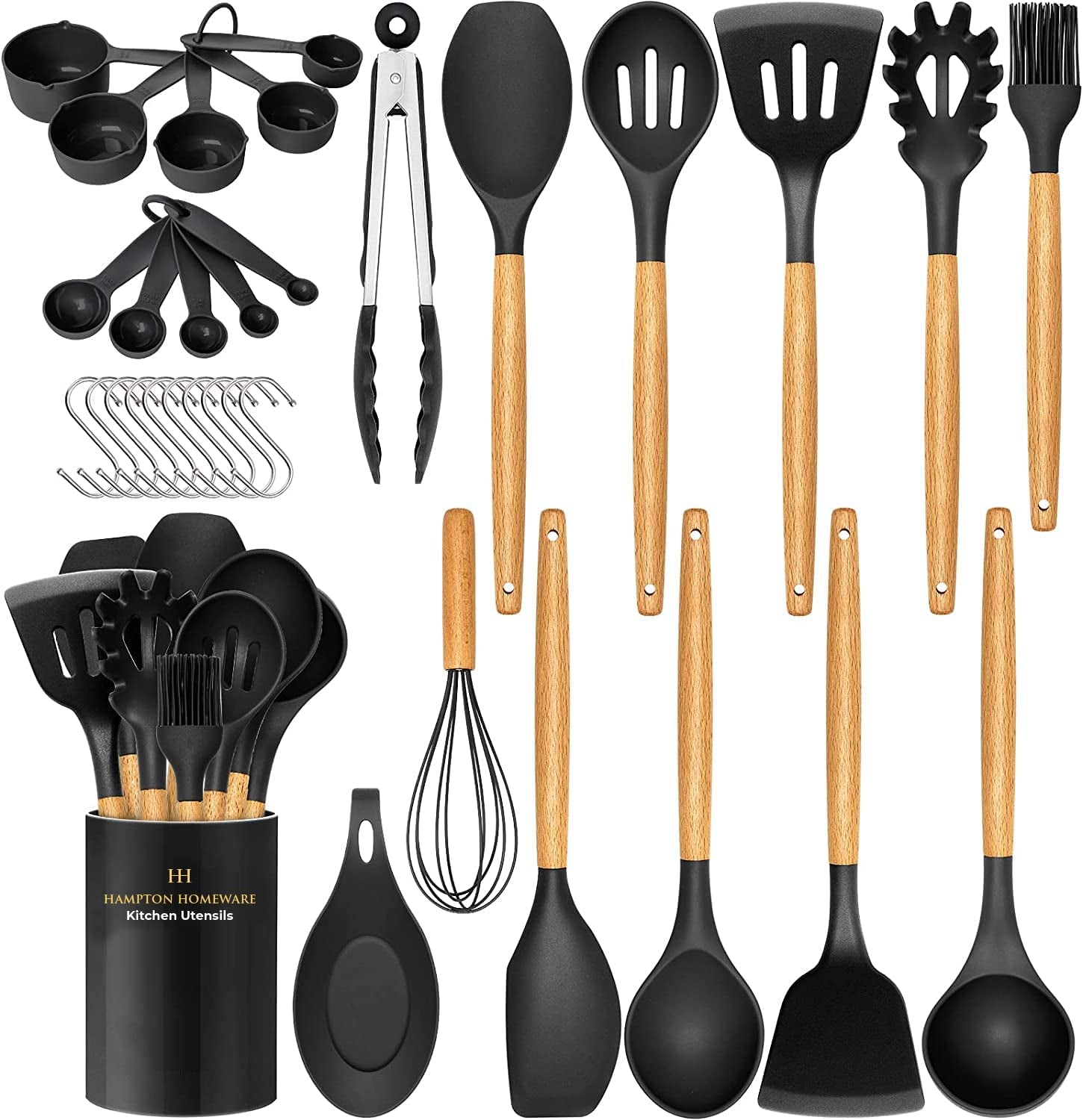 Kitchen Utensils Set, 33 Pcs Non-Stick Silicone Cooking Utensils Set, Heat-Resistant Silicone, Wooden Utensils for Cooking, Kitchen Gadgets Spatula Set, Apartment Essentials Kitchen Set (Black)