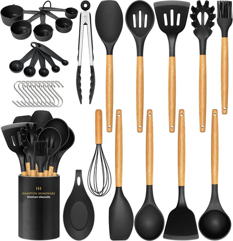 Image of Kitchen Utensils Set, 33 Pcs Non-Stick Silicone Cooking Utensils Set, Heat-Resistant Silicone, Wooden Utensils for Cooking, Kitchen Gadgets Spatula Set, Apartment Essentials Kitchen Set (Black)