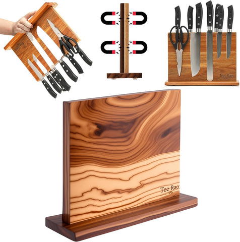 Image of Premium Natural Acacia Wood Magnetic Knife Block Double Sided Magnetic Knife Holder Stand for Kitchen Counter anti Slip Base Knife Block without Knives Knife Storage Universal Knife Block Knife Stand