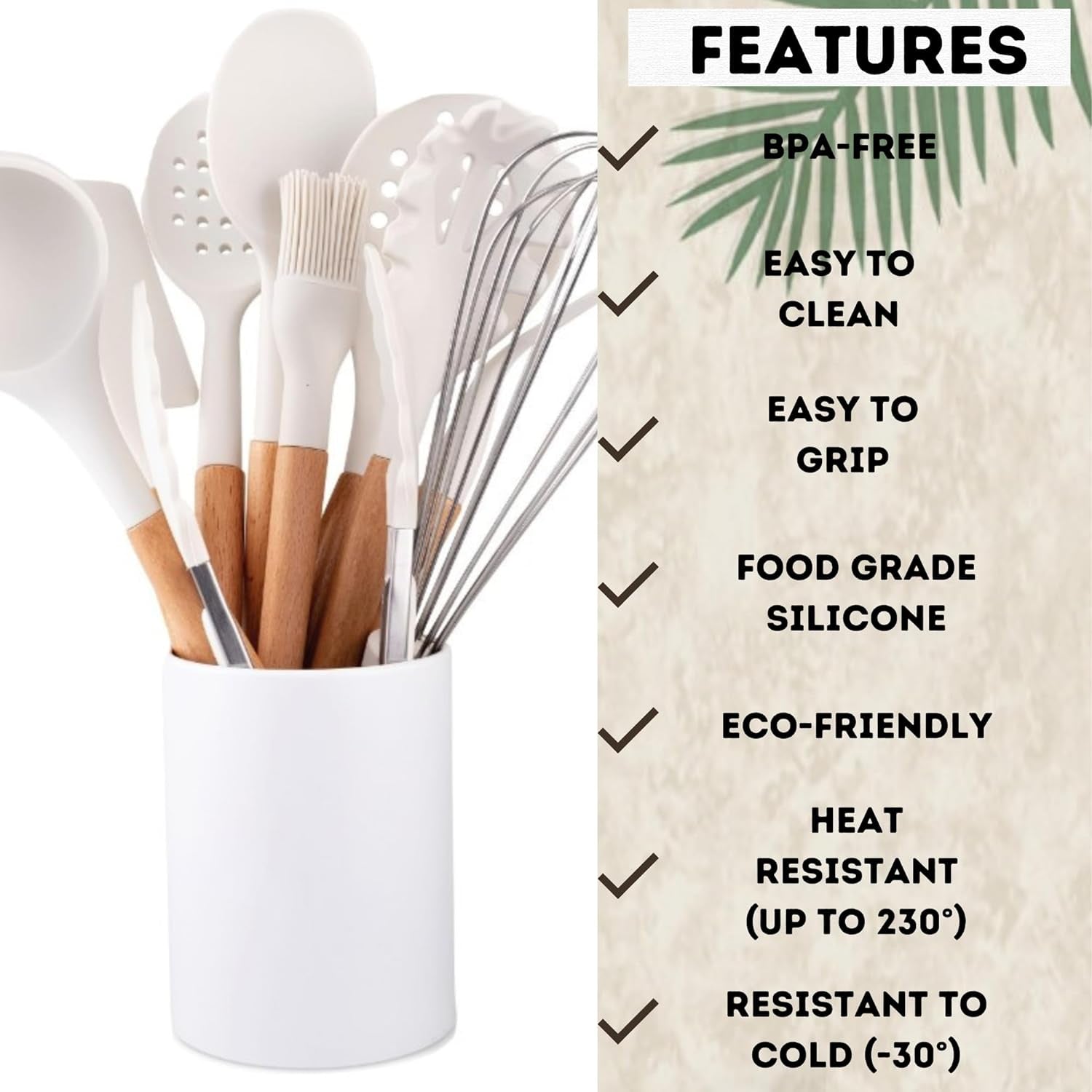 White Silicone Cooking Utensils, White Kitchen Utensils, White Cooking Utensils Set | Silicone Spatula, Tongs, Ladle, Serving Spoons-Non-Stick, BPA Free Kitchen Utensils Set with Holder - 11 Pc