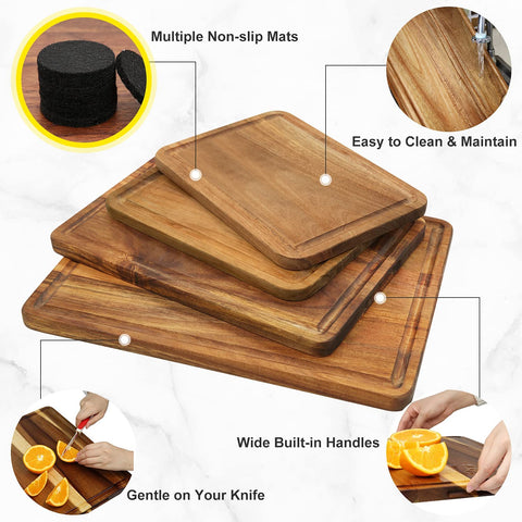 Image of Large Wood Cutting Boards Set of 4 for Kitchen Cheese Charcuterie Board (Gift Box Included) Acacia Butcher Block with Non-Slip Mats, Juice Groove and Handles (16X12, 14X10, Double 11X8 Inch)