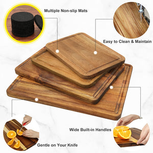 Large Wood Cutting Boards Set of 4 for Kitchen Cheese Charcuterie Board (Gift Box Included) Acacia Butcher Block with Non-Slip Mats, Juice Groove and Handles (16X12, 14X10, Double 11X8 Inch)