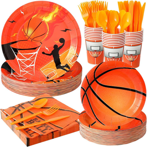 Image of 350 Pcs Sports Party Supplies Set Include 100 Paper Plates 50 Cups 50 Napkins 50 Forks 50 Plastic Spoons 50 Knives Serves 50 for Kids Party Birthday Decorations (Basketball)