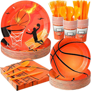 350 Pcs Sports Party Supplies Set Include 100 Paper Plates 50 Cups 50 Napkins 50 Forks 50 Plastic Spoons 50 Knives Serves 50 for Kids Party Birthday Decorations (Basketball)