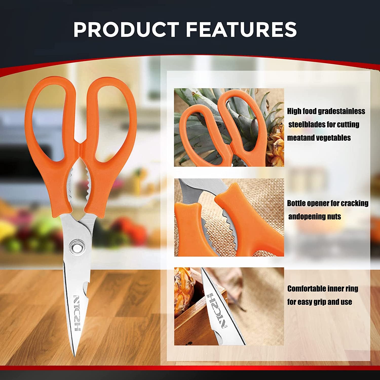 Kitchen Shears, Multi-Function Heavy Duty Dishwasher Safe Poultry Shears, Food Grade Stainless Steel Sharp Utility Scissors for Food, White