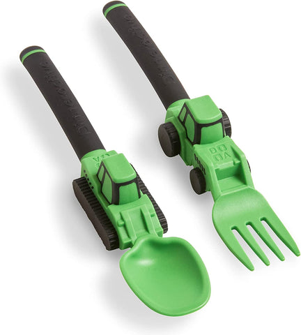 Image of Utensil Set for Kids – Construction Themed Toddler Forks and Spoons, Toddler Utensils – 2-Piece Set – Green Construction Utensils for Toddlers - Loader & Tractor Toddler Spoons and Forks