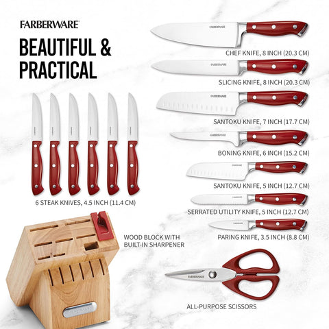 Image of Professional 15-Piece Forged Triple Riveted Knife Block Set with Built-In Edgekeeper Knife Sharpener, High-Carbon Stainless Steel Kitchen Knives, Razor-Sharp Knife Set, Red