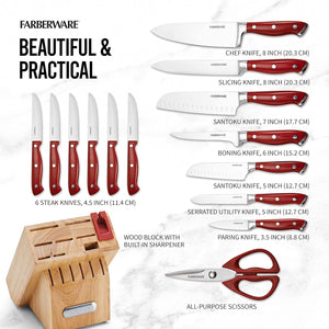 Professional 15-Piece Forged Triple Riveted Knife Block Set with Built-In Edgekeeper Knife Sharpener, High-Carbon Stainless Steel Kitchen Knives, Razor-Sharp Knife Set, Red