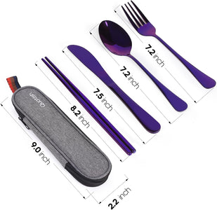 Travel Utensils with Case,  Portable Silverware Set for Work, Lunch Reusable Travel Cutlery Set, 304 Stainless Steel Fork and Spoon Set for Camping(Purple)