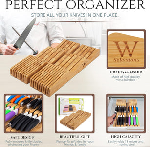 Bamboo Knife Drawer Organizer Insert - Kitchen Storage Holder for [18~26 Knives & 1~2 Honing Steel] Organization - Saves Countertop Space & Made of Premium Quality Moso Bamboo