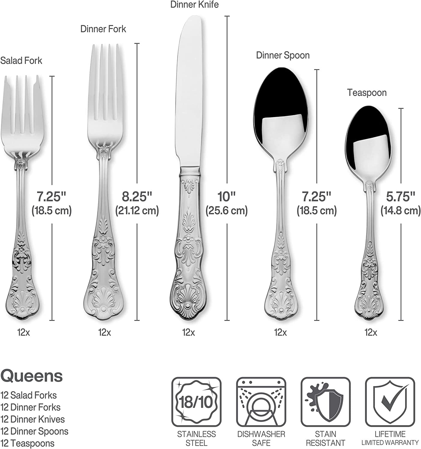 Queen 65-Piece 18/10 Stainless Steel Flatware Set, Silver, Service for 12 -