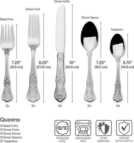 Image of Queen 65-Piece 18/10 Stainless Steel Flatware Set, Silver, Service for 12 -