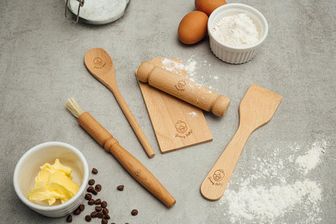 Image of Kids Cooking Utensils Set – 5-Pcs Kids Baking Set with Chopping Board, Spoon, Spatula, Rolling Pin, Brush – Eco-Friendly Birch Wood Toddler Kitchen Set – Child-Size Kitchen Utensil Set