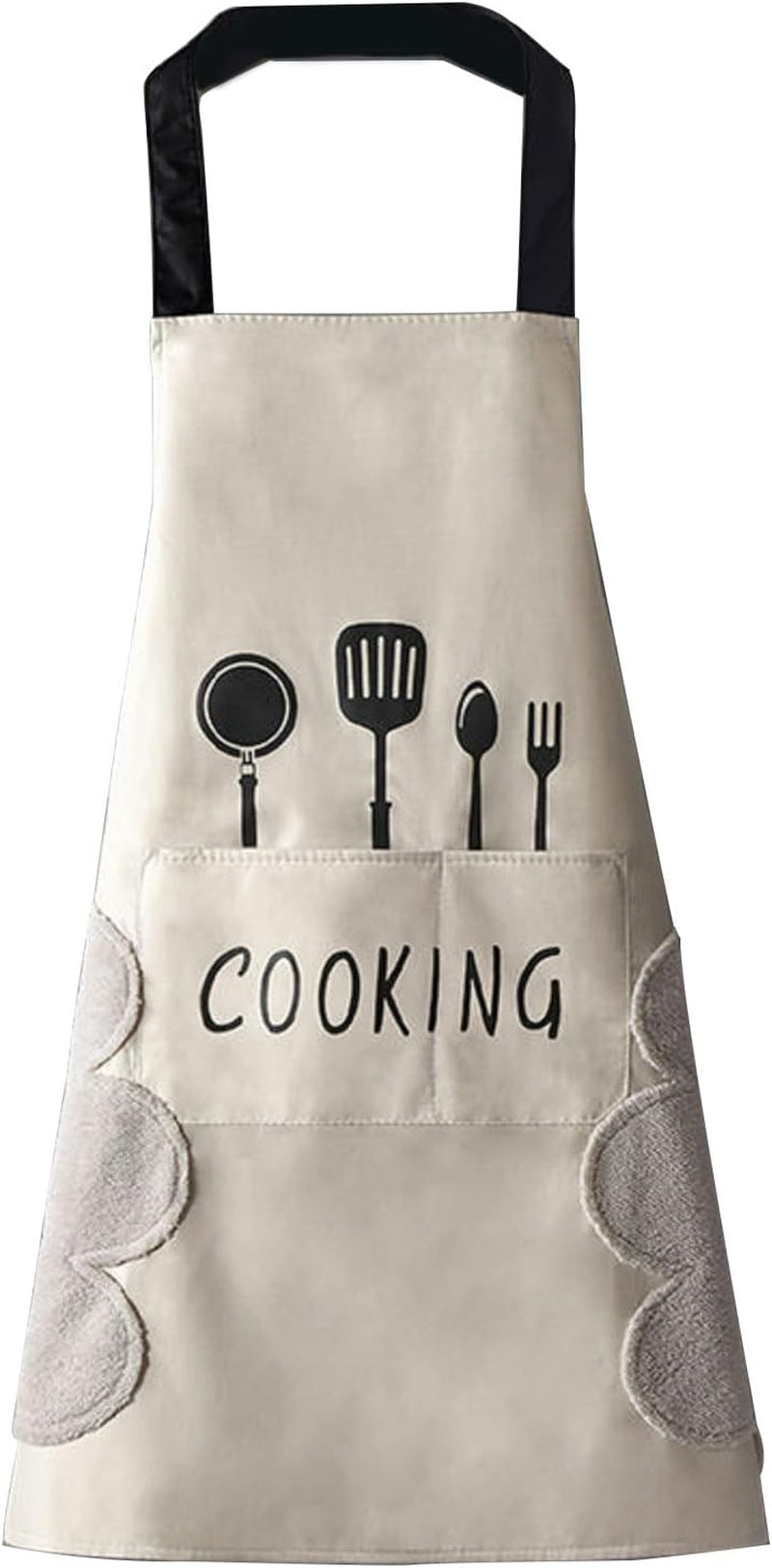 Women Kitchen Apron with Hand Wipe Pockets，Big Pocket,Hand-Wiping, Waterproof for Cooking Baking