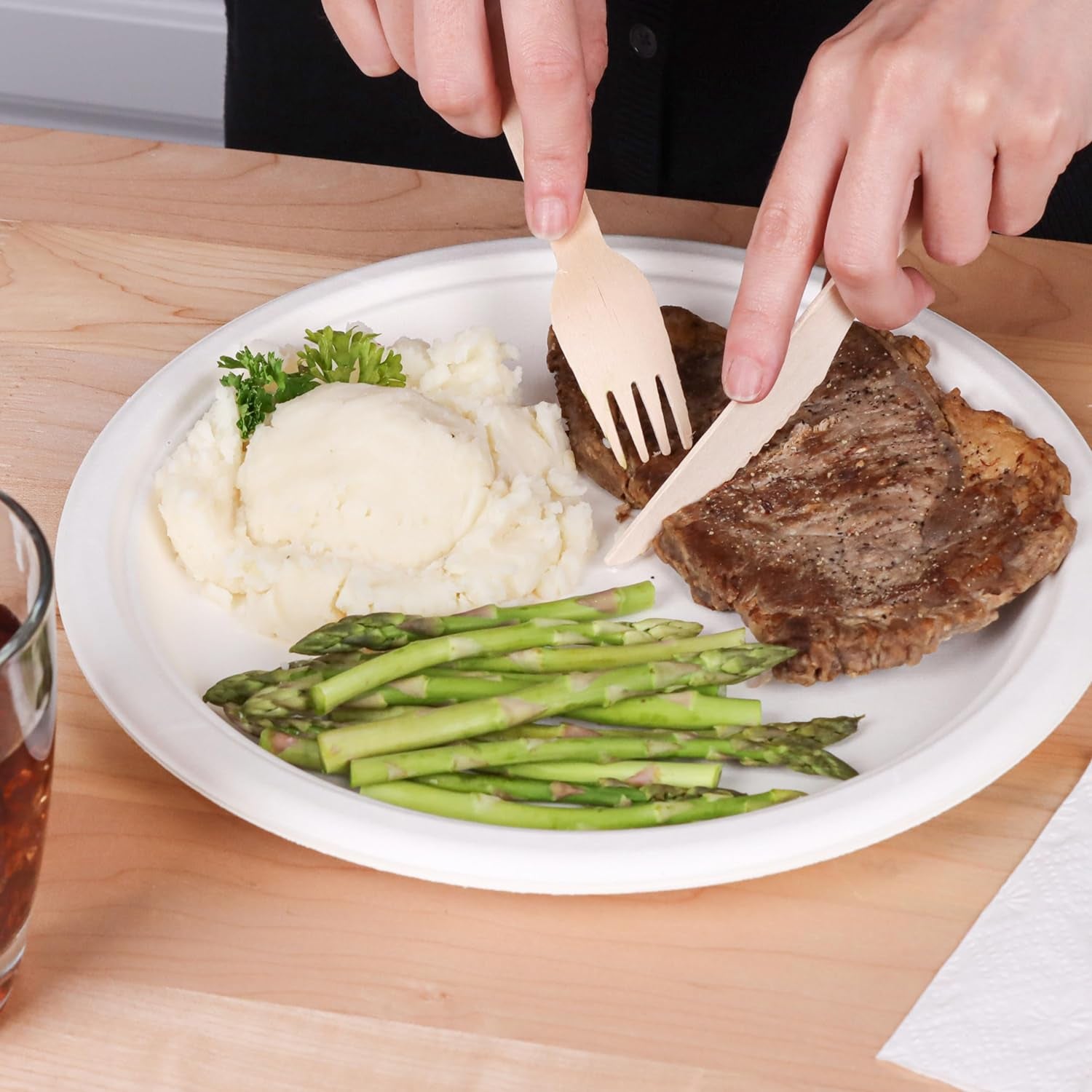 Wooden Cutlery Disposable Utensils Set - 50-Pack of Disposable Wooden Cutlery Set, Individually Wrapped Utensils and Napkins for Cafes or Restaurants - Includes Knife, Fork, Spoon, and Napkin