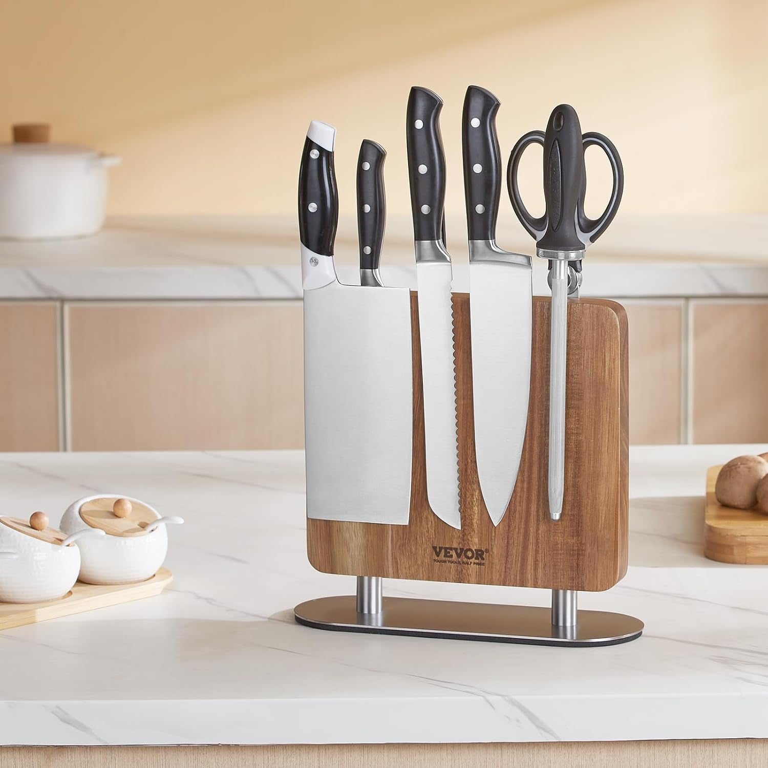Magnetic Knife Block, 10 Inch Home Kitchen Knife Holder, Double Sided Magnetic Knife Stand, Multifunctional Storage Acacia Wood Knives Rack, Cutlery Display Organizer for Knives, Utensils, Tools