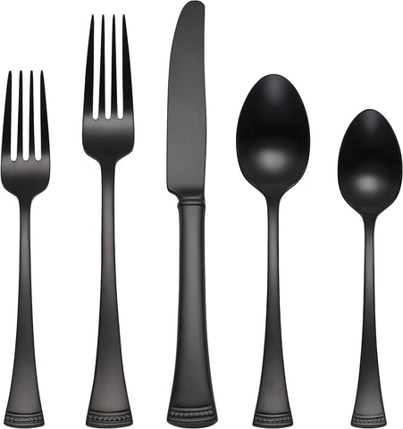 Image of Portola Satin Black Piece Flatware Set, 20 Count, Metallic