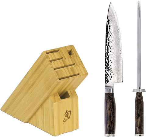 Image of Premier Build-A-Block Set; Includes 8-Inch Chef’S Knife, Hand-Hammered Tsuchime Finish, VG-MAX Steel Core, Damascus Cladding; Includes Honing Steel and Sustainable Bamboo Slimline Knife Block