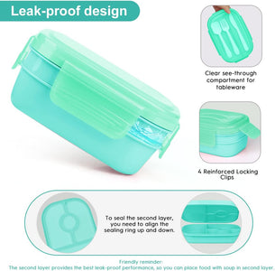 Bento Box Lunch Box Kit, 3 Stackable Bento Lunch Containers for Adults/Kids, Durable Leak-Proof Box with Spoon Fork Bag Accessories, Microwave Dishwasher Freezer Safe, Green