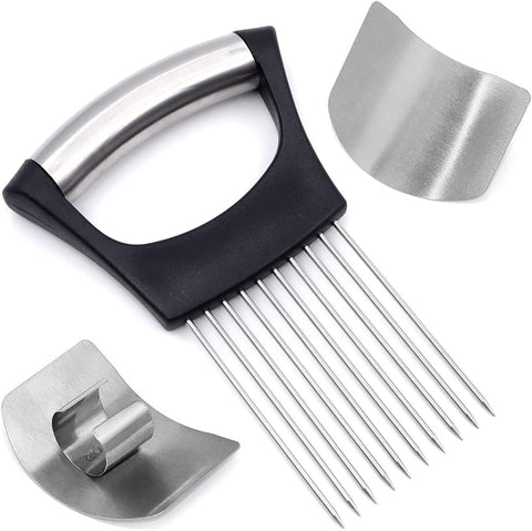 Image of 3 PCS Stainless Steel Finger Guard Onion Holder for Slicing Set, Kitchen Safe Steel Slicing Tool for Hands, Finger Protector Knife Guard for Chopping, Cutting