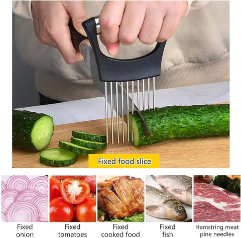 Image of 3 PCS Stainless Steel Finger Guard Onion Holder for Slicing Set, Kitchen Safe Steel Slicing Tool for Hands, Finger Protector Knife Guard for Chopping, Cutting