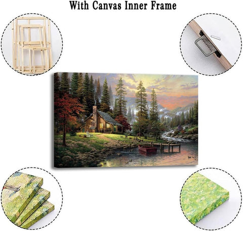 Image of Landscape Oil Painting Kinkade Wall Art Country Pastoral Pictures in Frame with Lake Mountain Wall Decor Cityscape Canvas Poster for Living Room Bedroom Decor (24X36In Frame,Tms-1)