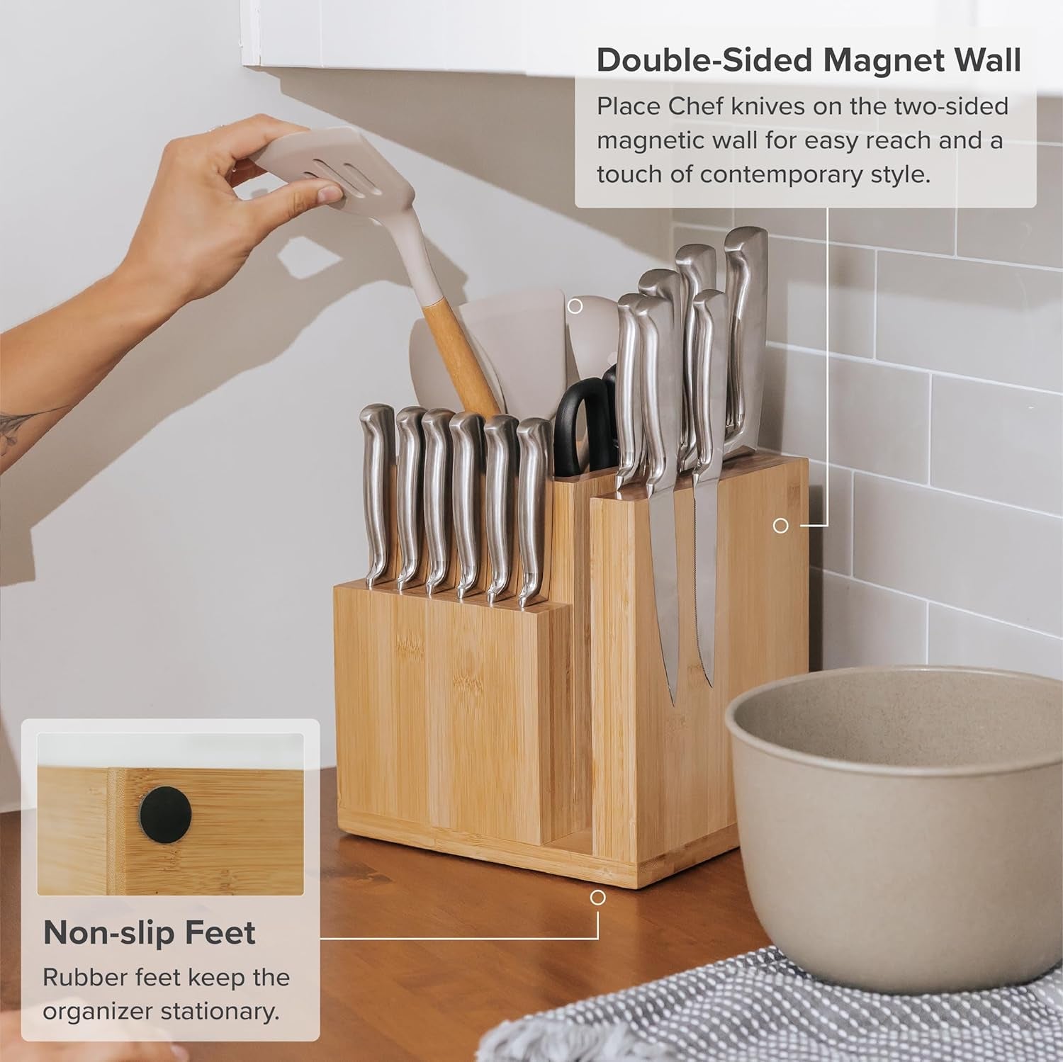 Bamboo Magnetic Knife Block and Cooking Utensil Holder, Sleek Storage for Chefs Knives, Steak Knives, Spatulas, Scissors, Non-Slip Rubber Feet, Easy to Clean, Kitchen Countertop Organizer