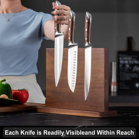 Image of Magnetic Knife Holder -  Double Sided Magnetic Knife Block without Knives - Wooden Universal Knife Stand - Knife Display Rack for Kitchen Counter Multifunctional Storage (Walnut Vertical)