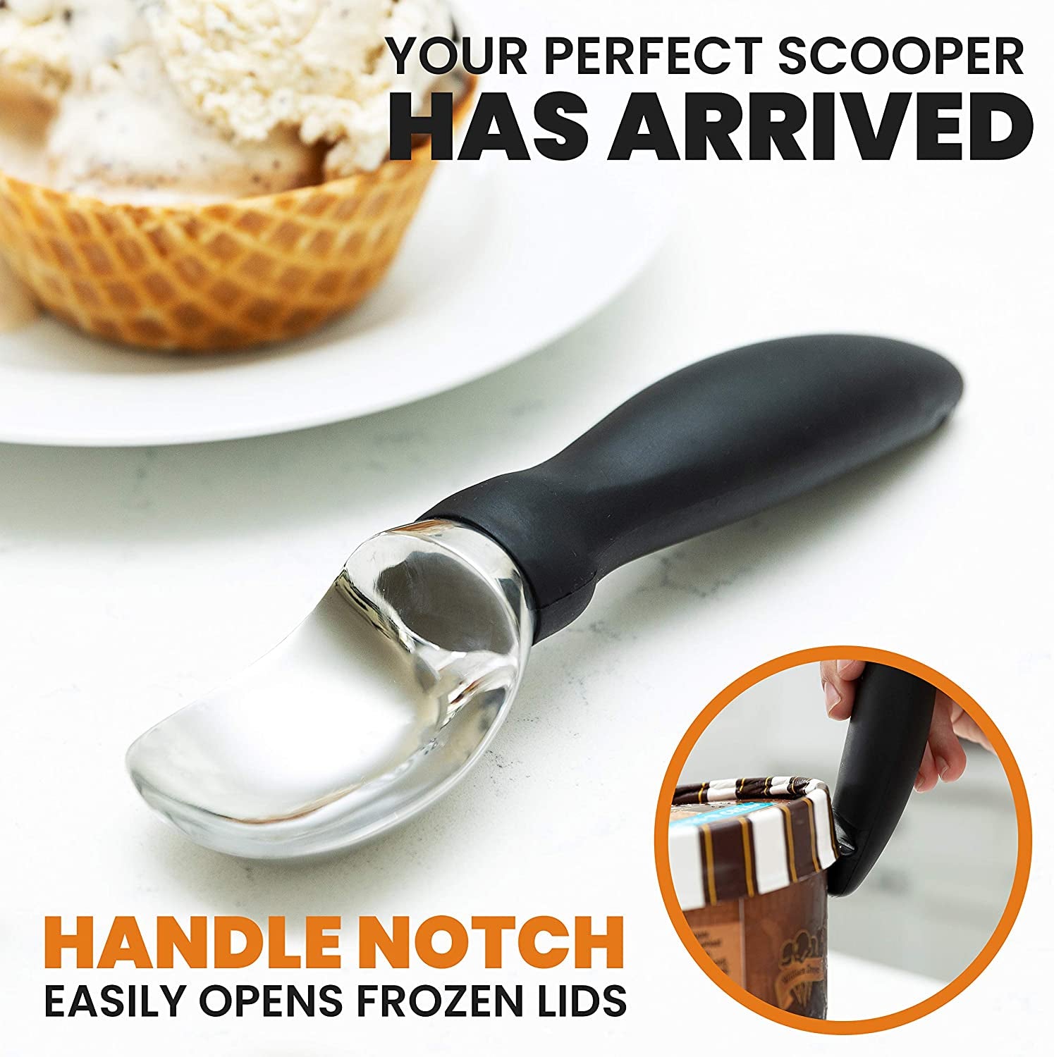 Ice Cream Scoop - Heavy Duty 18/8 Stainless Steel with Soft Grip Handle, Professional Sturdy Ice Cream Scooper, Premium Kitchen Tool for Cookie Dough, Gelato, Sorbet, Melon, Black