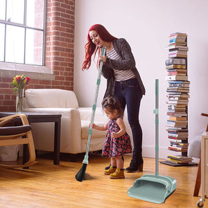 2023 Upgrade Broom and Dustpan Set, Large Size and Stiff Broom Dust Pan with Long Handle, Upright,Ideal for Indoor Outdoor Garage Kitchen Room Office Lobby Use (Green)