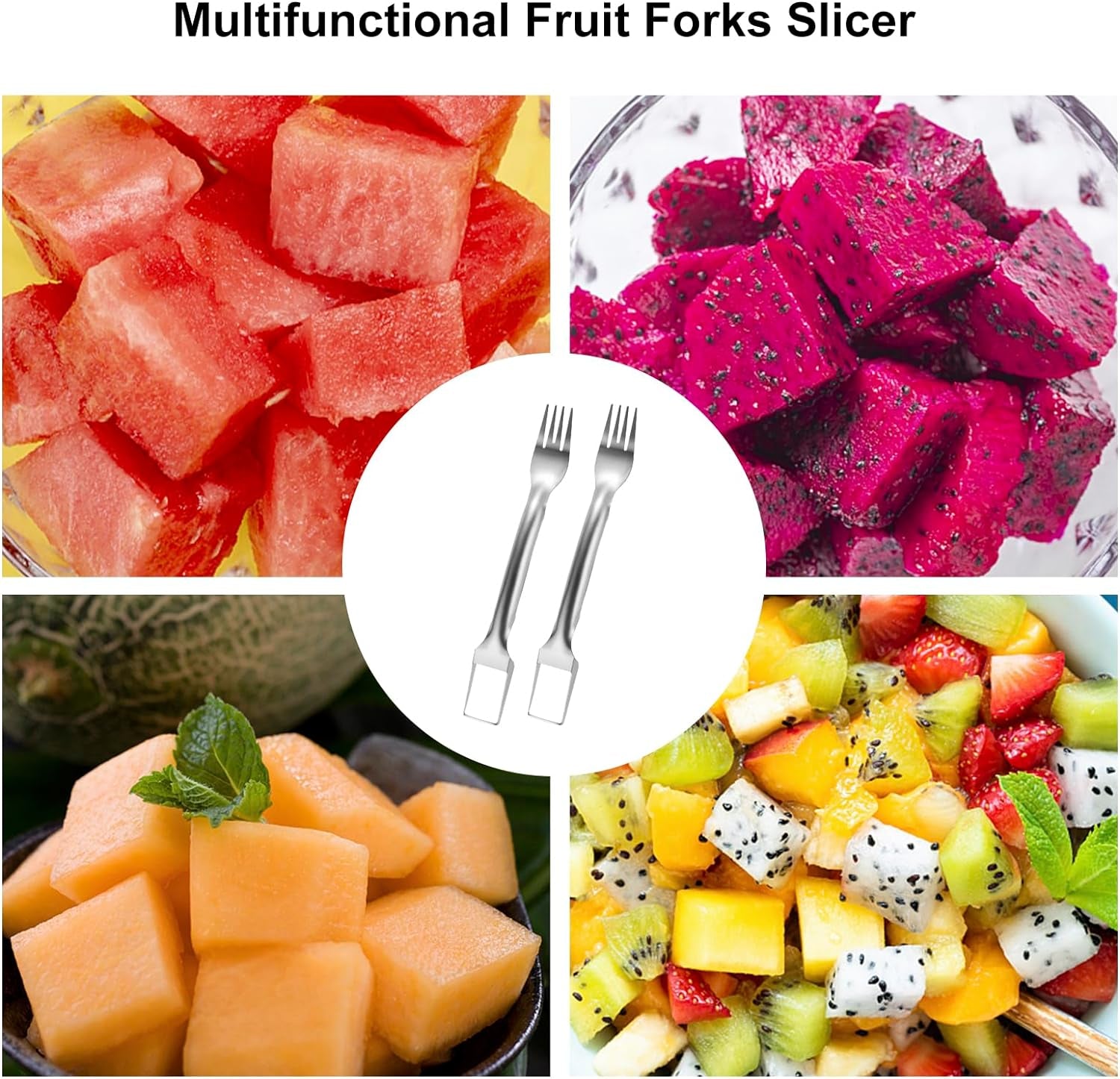 2Pcs Watermelon Fork Slicer Cutter, 2-In-1 Stainless Steel Watermelon Fork Slicer, Portable Watermelon Fork Watermelon Cutting Tool Fruit Forks Slicer for Home Party Camping Kitchen Cutting Artifact