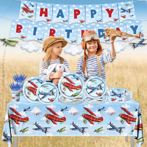 Image of 142Pcs Airplane Birthday Party Decorations Airplane Party Tableware Supplies Airplane Blue Sky White Disposable Plates,Tablecloth,Napkins,Cups,Banner Forks and Knives for Kids Favors Serve 20 Guests