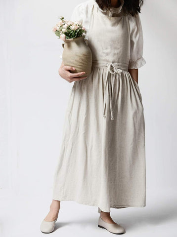 Image of Pleated Cotton Long Apron X Back Kitchen Garden Florist Work Clothes Bib Dress