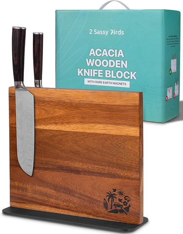 Image of Magnetic Knife Block Holder Rack - Acacia Wood Cutlery Storage for 12 Knives Double Sided Magnets & Non-Slip Base - Knives Not Included
