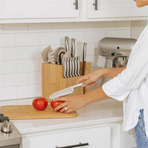 Image of Bamboo Magnetic Knife Block and Cooking Utensil Holder, Sleek Storage for Chefs Knives, Steak Knives, Spatulas, Scissors, Non-Slip Rubber Feet, Easy to Clean, Kitchen Countertop Organizer