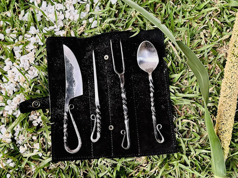 Image of Handmade Medieval Eating Set | Hand Forged Twisted Viking Medieval Eating Utensil Set of 4 Pcs | Functional Knife Fork Spoon and Food Stick Flatware Set with Leather Pouch