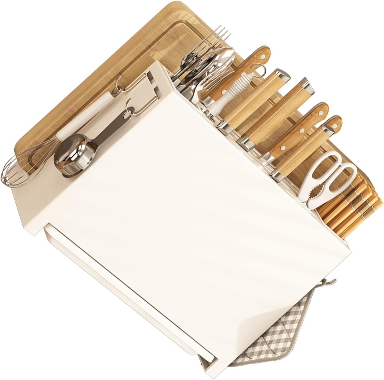 Kitchen Knife Drying Holder, Multifunction Kitchen Integrated Chopsticks Cutting Board Storage Rack Organizer White Fruit Knives, Kitchen Knives, Scissors, 13.2 X 5.2 X 9.1In