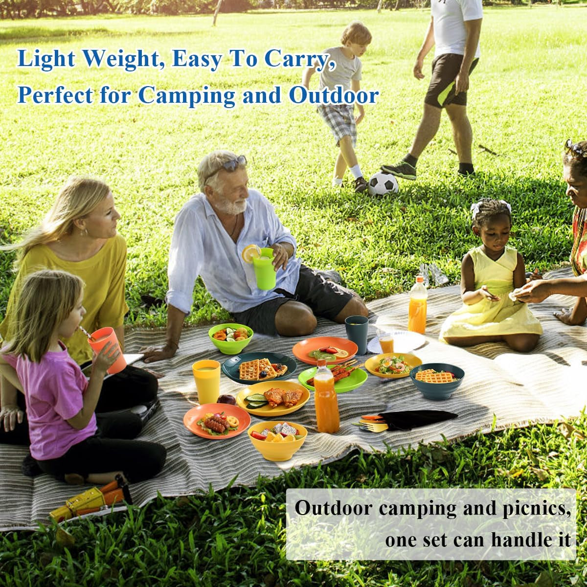 Plastic Dinnerware Set 28 Piece, Reusable Light Weight Mugs, Bowls, Dishes, Knives, Forks, Spoons for Camping Picnics and Everyday Use, Dishwasher Safe (Mutil Color)