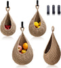 Hanging Fruit Basket Set of 3, Boho Wall Hanging Storage Jute Basket for Organizing & Decor, Handmade Teardrop Hammock Holder for Onion Fruit Vegetable in Home & Restaurant Kitchen with Hooks