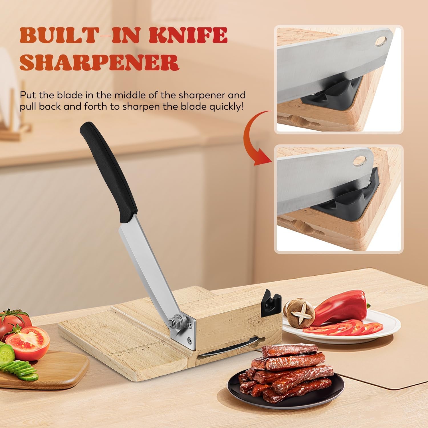Biltong Slicer Beef Jerky Cutter with Built-In Knife Sharpener Manual Meat Slicer Rubber Wood Base for Deli Bacon Ham Sausage Fruits Vegetables Herb Ginseng Pastry
