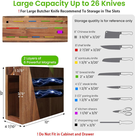 Image of ARC Magnetic Knife Block Holder without Knives, Storage up to 26 Knives, Large Size Anti-Tipping Acacia Wooden Kitchen Knife Storage Stands, Ultra Secure Magnet Rack and Countertop Protected Mat