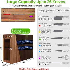 ARC Magnetic Knife Block Holder without Knives, Storage up to 26 Knives, Large Size Anti-Tipping Acacia Wooden Kitchen Knife Storage Stands, Ultra Secure Magnet Rack and Countertop Protected Mat